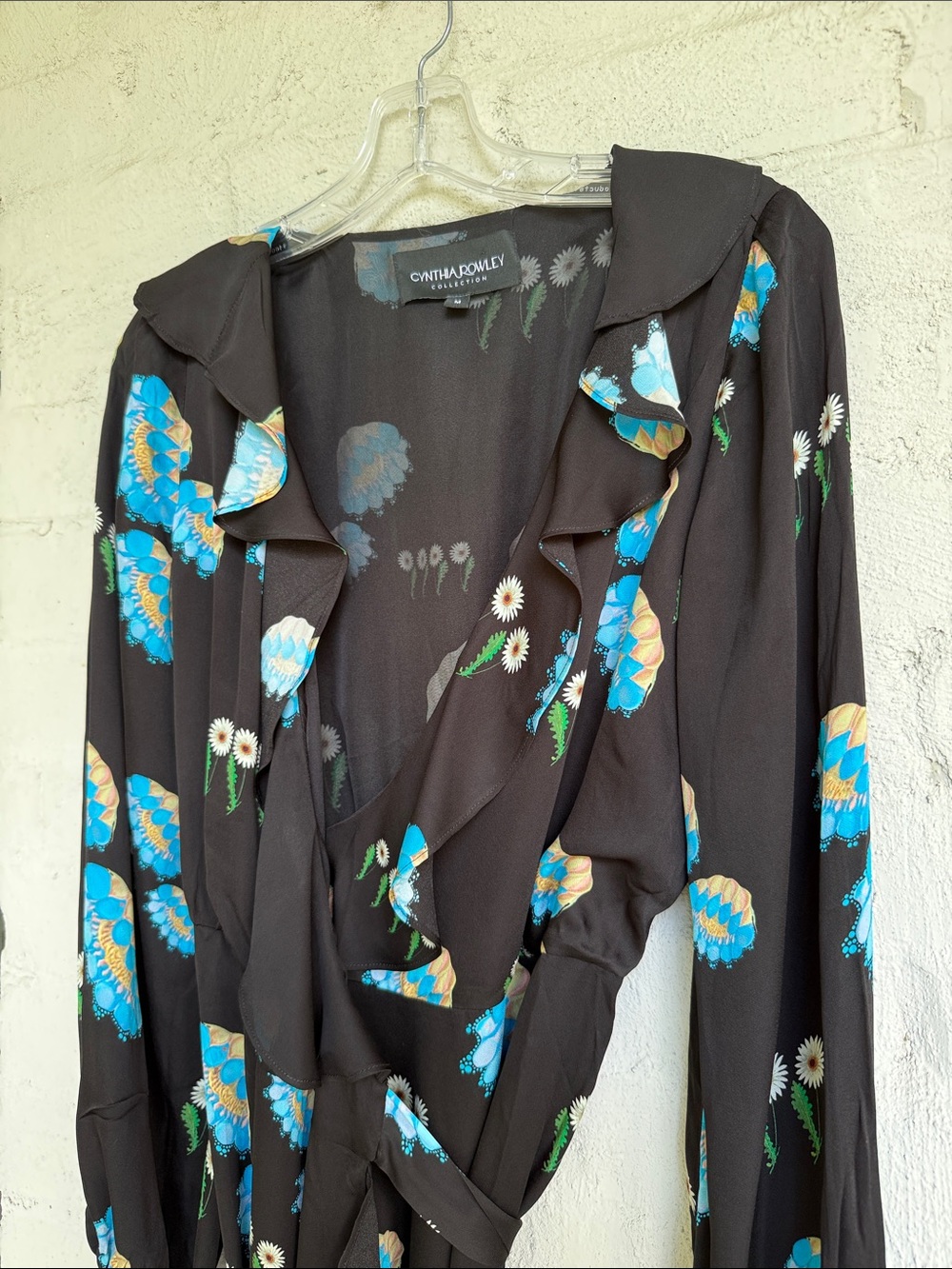 Cynthia Rowley Eve Black Floral Print Wrap Dress W Ruffle Trim Size Medium - Picture 7 of 13